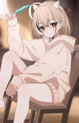 1girl absurdres ahoge alternate_costume animal_ears bare_legs blurry blurry_background brown_eyes brown_hair brown_hoodie cat_ears closed_mouth commentary crossed_bangs dot_mouth food hana20000920 highres holding holding_food holding_popsicle hololive hololive_english hood hoodie huge_ahoge indoors light_rays looking_at_viewer naked_hoodie nanashi_mumei notice_lines official_alternate_hair_length official_alternate_hairstyle piercing popsicle short_hair sitting sleeves_past_wrists solo sweat symbol-only_commentary virtual_youtuber wooden_chair