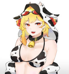 1girl :d alternate_costume animal_collar animal_print bare_shoulders bell belt_collar bikini black_collar blonde_hair bow breasts breasts_apart collar commentary cow_hood cow_print cow_print_bikini cow_print_jacket cowbell double-parted_bangs eyelashes eyewear_on_head gradient_background grey_background hair_bow highres hololive hololive_indonesia hood hood_up hooded_jacket jacket kaela_kovalskia looking_at_viewer medium_breasts medium_hair neck_bell off_shoulder open_mouth print_bikini print_jacket red-tinted_eyewear red_bow red_eyes simple_background single_sidelock smile solo sunglasses swept_bangs swimsuit tinted_eyewear virtual_youtuber watercat322