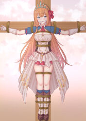 1girl ahoge ascot bdsm blue_eyes blush bondage boots bound braid breasts cleavage cloth_gag commentary_request crucifixion crying crying_with_eyes_open dress furaifish gag gagged gloves highres improvised_gag large_breasts long_hair looking_at_viewer orange_hair pecorine_(princess_connect!) princess_connect! red_ascot restrained shibari shibari_over_clothes shrug_(clothing) solo tears textless_version thighs tiara very_long_hair white_boots white_dress white_gloves