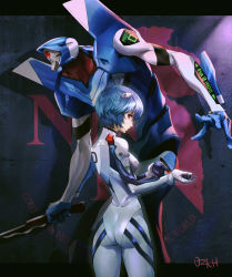 1girl adjusting_clothes adjusting_gloves artist_name ass ayanami_rei black_border blue_hair bodysuit border bracer closed_mouth english_text eva_00 formal_clothes gloves hair_between_eyes headgear highres holding holding_weapon interface_headset_(evangelion) light looking_at_viewer looking_back mecha mecha_pilot_suit neon_genesis_evangelion ozkh plugsuit_(evangelion) red_eyes robot signature skin_tight solo standing suit weapon white_bodysuit