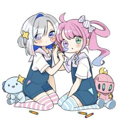 2girls :o amane_kanata blue_eyes blue_hair bow check_commentary chibi chibi_only commentary_request crayon crescent crescent_pin facial_mark green_eyes hair_bow hair_ornament heart heterochromia himemori_luna holding holding_crayon knight long_hair maitopartan multiple_girls original overalls partial_commentary pink_hair purple_eyes shirt short_hair short_sleeves side_ponytail star_(symbol) star_hair_ornament striped_clothes striped_thighhighs stuffed_animal stuffed_toy thighhighs virtual_youtuber white_background white_hair white_shirt