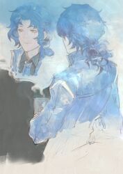1boy absurdres ascot black_shirt blue_ascot blue_background blue_coat blue_hair chesed_(project_moon) coat collared_shirt cup highres holding holding_cup library_of_ruina long_hair long_sleeves low_ponytail male_focus mownai1648 multiple_views parted_bangs ponytail project_moon shirt simple_background solo upper_body yellow_eyes