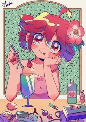 1girl alternate_costume blush bottle bow cup dessert double-parted_bangs drill_hair fingernails flower food hair_between_eyes hair_flower hair_ornament hand_on_own_cheek hand_on_own_face head_rest holding holding_spork ice_cream_cup indoors kasane_teto looking_at_viewer pink_shirt red_eyes red_nails shirt signature solo spork table tongue tongue_out twin_drills upper_body utau yuusuke-kun