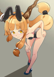 1girl alternate_costume animal_ears bent_over black_leotard black_shoes blunt_bangs breasts brown_horns closed_mouth commentary_request fake_animal_ears full_body grey_background hand_on_own_hip hand_on_own_knee high_heels highres horns ibuki_suika kurohiba leaning_forward leotard long_hair looking_at_viewer low-tied_long_hair orange_eyes orange_hair playboy_bunny pointy_ears rabbit_ears shoes sidelocks small_breasts smile solo strapless strapless_leotard touhou very_long_hair