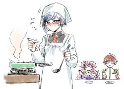 10s 3girls apron breasts charlotte_scherzen charlotte_shalzen cleavage closed_mouth cooking dishes dot_mouth fire fork frying_pan glasses headscarf hiiragi_akira jacket kappougi knife ladle multiple_girls necktie o_o pink_hair plate red_hair saucer shigure_kasumi short_hair steam stove table uniform utensil valkyrie_drive valkyrie_drive_-mermaid- white_headscarf