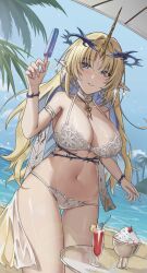 a-chuang absurdres bare_shoulders beach blonde_hair blue_eyes blue_hair blue_sky blush bra breasts collarbone colored_inner_hair commentary cowboy_shot crown_of_thorns cup day drinking_glass drinking_straw earrings fleurdelys_(wuthering_waves) food highres holding holding_food holding_popsicle horns jewelry large_breasts lingerie looking_at_viewer multicolored_hair navel necklace outdoors panties parted_lips pointy_ears popsicle single_horn sky smile stomach tacet_mark_(wuthering_waves) underwear underwear_only white_bra white_panties wuthering_waves yellow_horns