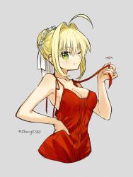 1girl ;) ahoge blonde_hair breasts cleavage commentary cropped_torso dress fate/extra fate_(series) flower green_eyes grey_background hair_flower hair_intakes hair_ornament highres large_breasts nero_claudius_(fate) one_eye_closed red_dress smile solo twitter_username zhang5180