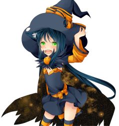 Rule 34 | 1girl, alchemist (ragnarok online), alternate color, animal ear fluff, animal ears, black dress, black hat, black thighhighs, blue hair, blush, brown cape, cape, cat ears, cat girl, commentary request, cowboy shot, detached sleeves, dress, flat chest, green eyes, halloween, hat, highres, long hair, looking at viewer, meiko (nattu303), open mouth, orange hair, orange thighhighs, print cape, ragnarok online, simple background, smile, solo, starry sky print, strapless, strapless dress, striped clothes, striped thighhighs, thighhighs, very long hair, white background, witch hat
