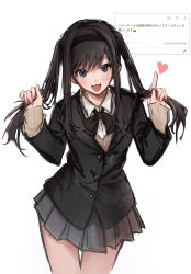 1girl absurdres alternate_hairstyle amagami black_hair black_hairband black_jacket black_sailor_collar blazer blue_eyes blush cardigan commentary_request eee_mii grey_skirt hairband highres holding holding_own_hair jacket kibito_high_school_uniform long_hair long_sleeves looking_at_viewer morishima_haruka odaibako open_mouth pleated_skirt request_inset sailor_collar school_uniform simple_background skirt solo twintails white_background yellow_cardigan