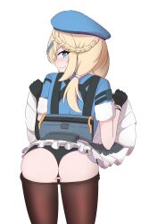 Rule 34 | 1girl, absurdres, ass, beret, black gloves, black panties, blonde hair, blue eyes, blue jacket, blush, braid, clothes lift, clothes pull, dress, dress lift, embarrassed, fingerless gloves, freckles, from behind, girls&#039; frontline, girls&#039; frontline 2: exilium, gloves, hair ornament, hairclip, hat, highres, jacket, leaning forward, long hair, looking at viewer, looking back, nervous smile, panties, pantyhose, pantyhose pull, papasha (girls&#039; frontline 2), ppsh-41 (girls&#039; frontline), presenting, risu (risu028), smile, solo, standing, thighs, underwear, wavy mouth, white dress