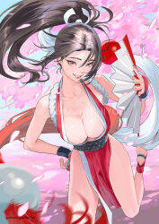1girl amatiz bare_shoulders black_hair breasts cherry_blossoms cleavage fatal_fury folding_fan hand_fan high_ponytail highres japanese_clothes large_breasts long_hair looking_at_viewer ninja pelvic_curtain ponytail revealing_clothes shiranui_mai smile sweat the_king_of_fighters