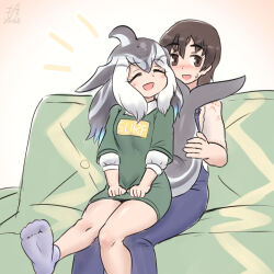 1boy 1girl black_hair blowhole blue_overalls blush brown_hair captain_(kemono_friends) cetacean_tail closed_eyes dolphin_girl dorsal_fin fins fish_tail grey_hair hair_between_eyes head_fins highres human_chair human_furniture kemono_friends kemono_friends_3 long_hair long_sleeves mo23 multicolored_hair open_mouth overalls pacific_white-sided_dolphin_(kemono_friends) short_hair sitting sitting_on_lap sitting_on_person smile sweatdrop tail white_hair