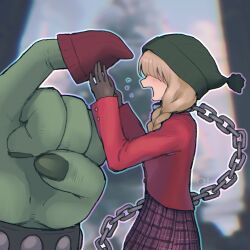 Rule 34 | 1girl, blonde hair, blurry, blurry background, borrowed character, bracelet, braid, buttons, chain, chain leash, collar, colored skin, disembodied hand, flying sweatdrops, from side, giant hand, gloves, green headwear, green skin, hair over eyes, highres, jacket, knit hat, leash, ohitsu3, open mouth, original, outline, plaid clothes, plaid skirt, pleated skirt, profile, purple skirt, red headwear, red jacket, skirt, studded bracelet, twin braids, yoinomori hizumi