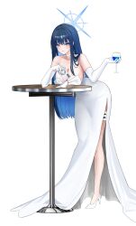 1girl absurdres bare_shoulders blue_archive blue_eyes blue_hair blue_halo breasts cellphone cleavage closed_mouth collarbone commentary_request cup dress drinking_glass elbow_gloves full_body gloves halo hezzu_0 high_heels highres holding holding_cup holding_phone large_breasts leaning long_hair official_alternate_costume phone saori_(blue_archive) saori_(dress)_(blue_archive) shoes simple_background smile solo strapless strapless_dress table very_long_hair white_background white_dress white_gloves white_shoes wine_glass