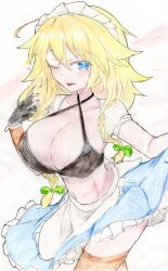 1girl bedugn1 black_bra black_gloves blonde_hair blue_eyes blue_skirt bra braid breasts cleavage clothes_lift commentary_request cowboy_shot gloria_(mugen) gloves highres large_breasts lifting_own_clothes looking_at_viewer m.u.g.e.n maid maid_headdress navel one_eye_closed side_braid single_braid skirt skirt_lift solo traditional_media underwear white_background