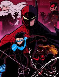 2girls 4boys absurdres artist_name batman black_cat_(marvel) black_hair catwoman dc_comics highres marvel miles_morales multiple_boys multiple_girls nightwing signature silk spider-man spider-man_(miles_morales) spider-man_(series) spider_web superhero_costume two-tone_bodysuit vad_arts white_hair