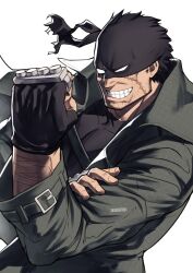Rule 34 | 1boy, absurdres, arm hair, artist name, beard stubble, belt, black gloves, black hair, black mask, black shirt, boku no hero academia, brass knuckles, clenched hand, coat, covered collarbone, facial hair, facial scar, fingerless gloves, fingernails, gloves, green belt, green coat, grin, half mask, hand on own arm, hand up, highres, knuckleduster (boku no hero academia), long sleeves, mask, mature male, muscular, muscular male, rovr0v, scar, scar on cheek, scar on face, shirt, simple background, sleeve belt, smile, stubble, taut clothes, taut shirt, teeth, trench coat, upper body, vigilante -boku no hero academia: illegals-, weapon, white background