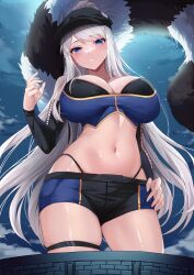 1girl absurdres black_hat black_shorts black_sleeves blue_eyes blue_shorts blush breasts collarbone commission cross-laced_clothes cross-laced_sleeves deogho_(liujinzy9854) detached_sleeves hand_on_own_hip hat highres large_breasts long_hair multicolored_shorts navel night night_sky original panty_straps ponytail raccoon_tail short_shorts shorts sky solo tail thigh_strap white_hair