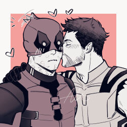 2boys beard blush bodysuit brown_hair closed_eyes closed_mouth commentary_request couple deadpool deadpool_&amp;_wolverine deadpool_(series) facial_hair gloves heart highres kiss kissing_cheek marvel marvel_cinematic_universe mask mask_lift multiple_boys muscular muscular_male scar scars_all_over sherlock7akane short_hair signature sleeveless superhero_costume too_many two-tone_bodysuit wavy_mouth wolverine_(x-men) x-men yaoi