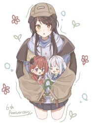 3girls :d =_= ange_katrina ange_katrina_(new_year) animal_ears anniversary baseball_cap blue_hair blush brown_hair brown_hat brown_jacket carrying carrying_multiple_people carrying_person chibi closed_eyes commentary_request cropped_legs dog_ears dot_nose flower grey_hoodie grey_skirt hair_flower hair_intakes hair_ornament hair_over_shoulder hairpin hat heterochromia highres hood hood_down hoodie inui_toko inui_toko_(8th_costume) jacket jewelry kanzashi lize_helesta lize_helesta_(10th_costume) long_hair looking_at_viewer mini_person minigirl miniskirt multicolored_hair multiple_girls multiple_hairpins necklace nijisanji off_shoulder open_clothes open_jacket open_mouth pleated_skirt purple_eyes red_eyes red_hair sanbaka_(nijisanji) sasugi_18 shirt sidelocks skirt sleeves_past_wrists smile straight-on streaked_hair triangle_mouth tsumami_kanzashi two-tone_hair virtual_youtuber white_background white_hair yellow_eyes