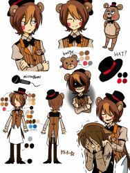 Rule 34 | 2boys, animal ears, apron, bad id, bad tumblr id, bear ears, black bow, black bowtie, bow, bowtie, brown hair, brown vest, commentary, crying, english commentary, english text, five nights at freddy&#039;s, five nights at freddy&#039;s 2, freddy fazbear, grin, hands on another&#039;s shoulders, hands up, hat, multicolored hair, multiple boys, personification, pole-bear, simple background, smile, streaked hair, tailcoat, top hat, toy freddy, vest, white apron, white background