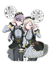 2girls 4th_live_dream_~bloom_the_dream_believers~ absurdres bare_shoulders belt belt_pouch black_bow black_bowtie black_hat black_pants blue_eyes bow bowtie breasts brown_belt brown_eyes center_frills ceras_yanagida_lilienfeld character_name collared_shirt colored_eyelashes commentary_request cowboy_shot daime_(hyahhaa10) dress_shirt flower_stand_art frilled_shirt frilled_shirt_collar frills goggles goggles_on_headwear grey_hair grey_shirt hair_intakes hat highres katsuragi_izumi large_breasts link!_like!_love_live! long_hair long_sleeves looking_at_viewer love_live! multiple_girls official_alternate_costume pants pouch puffy_long_sleeves puffy_sleeves retrofuture_(love_live!) shirt simple_background underbust virtual_youtuber white_background wolf_cut
