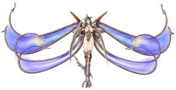 1girl absurdres adapted_costume arm_blade armor bikini_armor blush breast_cutout breasts clothing_cutout cosplay crown daiei_film gamera_(series) gamera_3:_revenge_of_iris happy high_heels highres hooves inverted_nipples iris_(gamera) iris_(gamera)_(cosplay) kaiju large_breasts leotard looking_at_viewer membrane monster monster_girl personification revealing_clothes saizu_nitou_gunsou simple_background smile tentacles topless_female weapon white_background yellow_eyes