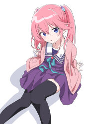 1girl :o aqua_ribbon arm_support black_thighhighs blue_eyes dress feet_out_of_frame from_above hair_between_eyes head_tilt jacket knees_together_feet_apart leaning_back long_hair looking_at_viewer looking_up open_clothes open_jacket open_mouth pink_hair pink_jacket pleated_dress purple_dress ribbon shiunji-ke_no_kodomotachi shiunji_ouka short_dress simple_background sitting solo tamura-chan thighhighs twintails white_background