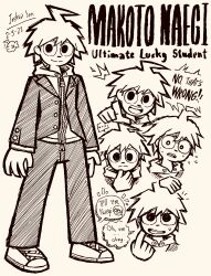 2boys absurdres ahoge character_name closed_mouth danganronpa:_trigger_happy_havoc danganronpa_(series) dated doodle_inset english_text flying_sweatdrops full_body greyscale hand_on_own_chin hatching_(texture) highres hood hood_down jacket josh-s26 long_sleeves male_focus monochrome multiple_boys multiple_views naegi_makoto open_clothes open_jacket open_mouth pants pointing pointing_at_viewer shoes short_hair signature simple_background smile speech_bubble spiked_hair spoken_character standing sweatdrop teeth togami_byakuya upper_teeth_only white_background zipper