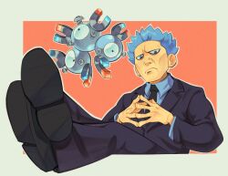 1boy black_jacket black_necktie black_pants black_shoes blue_eyes blue_hair border closed_mouth collared_shirt commentary crossed_ankles cyrus_(pokemon) frown gen_1_pokemon highres jacket long_sleeves looking_at_viewer lynn_(daisiloou) magneton male_focus necktie nintendo outline pants pokemon pokemon_(creature) pokemon_dppt shirt shoes short_hair steepled_fingers sunken_cheeks