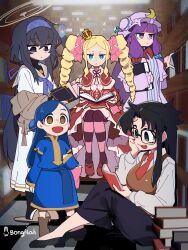 6+girls :d absurdres artist_name bags_under_eyes beatrice_(re:zero) black_hair black_pants blonde_hair blue_archive blue_bow blue_dress blue_eyes blue_hair blue_hairband blue_sailor_collar bongfill book bookshelf bow brown_halo brown_vest cardigan commentary crescent crescent_hat_ornament crossover crown dress drill_hair empty_eyes glasses grey_eyes hair_ribbon hairband halo hand_on_own_cheek hand_on_own_face hat hat_ornament highres holding holding_book honzuki_no_gekokujou indoors jitome kita_high_school_uniform library long_hair long_sleeves looking_at_another looking_at_viewer mini_crown mob_cap multiple_crossover multiple_girls myne_(honzuki_no_gekokujou) nagato_yuki neckerchief necktie open_book open_mouth pants patchouli_knowledge pile_of_books purple_hair purple_hairband purple_neckerchief re:zero_kara_hajimeru_isekai_seikatsu read_or_die rectangular_eyewear red_bow red_necktie ribbon sailor_collar school_uniform serafuku sidelocks sitting slippers smile striped_clothes striped_thighhighs suzumiya_haruhi_no_yuuutsu symbol-only_commentary symbol-shaped_pupils thighhighs tile_floor tiles touhou trait_connection twin_drills ui_(blue_archive) v-shaped_eyebrows vest white_serafuku winter_uniform yellow_eyes yomiko_readman