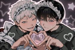 2boys alternate_costume apron black_hair blue_eyes blush closed_mouth commentary_request crossdressing crossdressing_(mtf) enmaided fingernails hair_ornament heart heart_hands heart_hands_duo hikaru_ga_shinda_natsu implied_yaoi indou_hikaru lipstick_mark lipstick_mark_on_cheek looking_at_viewer lox_iy maid maid_apron maid_headdress male_focus male_maid mole mole_on_neck mole_under_eye mole_under_mouth multiple_boys multiple_moles short_hair smile tsujinaka_yoshiki white_hair x_hair_ornament