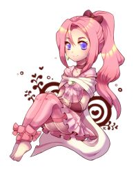 1girl blue_eyes bow choker closed_mouth collarbone earrings eyelashes final_fantasy final_fantasy_iv final_fantasy_iv:_the_after_years full_body jewelry kotorai long_hair looking_at_viewer pink_hair ponytail porom purple_thighhighs red_bow red_choker smile solo thighhighs white_background