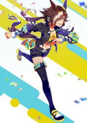 Rule 34 | 1girl, animal ears, belt, black boots, black jacket, black shorts, boots, brown eyes, brown hair, commentary, crop top, ear ornament, full body, horse ears, horse girl, horse tail, jacket, kafuki fuka, leather, leather jacket, leg up, long hair, long sleeves, low ponytail, multicolored hair, open clothes, open jacket, ponytail, running, short shorts, shorts, solo, stopwatch, stopwatch around neck, streaked hair, tail, thigh boots, umamusume, vodka (umamusume), watch, white hair