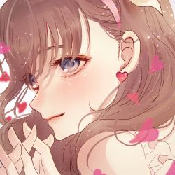1girl blush brown_hair earrings eyelashes glint hair_ornament hairband hands_up head heart heart_earrings heart_print idolmaster idolmaster_cinderella_girls jewelry lipgloss looking_away looking_to_the_side own_hands_clasped own_hands_together peach_punch portrait sakuma_mayu simple_background smile solo white_background
