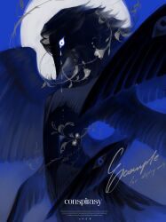absurdres bird_girl bird_wings black_feathers black_hair blue_background feathers furry furry_female hazanna_qeg highres long_hair looking_at_viewer original polkolvish_(crrn) solo teardrop white_eyes wings