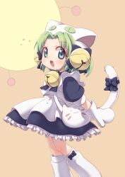 1girl :d absurdres animal_bag animal_hat bag bell blue_bow blue_bowtie blue_dress bow bowtie cat_bag cat_girl cat_hat cat_tail commentary_request commission dejiko di_gi_charat dress footwear_bow gema green_eyes green_hair hair_bell hair_bow hair_ornament hat highres jingle_bell looking_at_viewer medium_hair mittens neck_bell open_mouth parted_bangs petticoat puffy_short_sleeves puffy_sleeves shoes short_sleeves shoulder_bag skeb_commission smile solo tail tail_bow tail_ornament ueno_musashi white_bag white_hat white_mittens white_shoes yellow_background