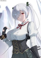 1girl absurdres arms_up black_corset black_gloves bracer breasts center_frills ciel_alencon ciel_alencon_(cosplay) cinderella_(nikke) closed_mouth commentary corset cosplay cowboy_shot elbow_gloves fingerless_gloves frilled_shirt_collar frills gloves god_eater god_eater_2:_rage_burst goddess_of_victory:_nikke green_skirt gun hair_between_eyes hair_over_one_eye hair_ribbon handgun highres holstered large_breasts lendivere long_hair long_sleeves looking_at_viewer neck_ribbon puffy_long_sleeves puffy_sleeves red_eyes red_ribbon ribbon shirt sidelocks single_elbow_glove skirt solo standing twintails twitter_username very_long_hair weapon white_hair white_shirt
