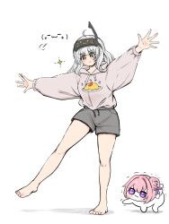 2girls :3 balancing_on_leg barefoot creature doro_(nikke) emoji emoticon flower-shaped_hair full_body goddess_of_victory:_nikke hair_bun hair_intakes head-mounted_display highres kaomoji leg_support meme multiple_girls pink_hair shiny_eyes simple_background smile snow_white_(innocent_days)_(nikke) snow_white_(nikke) standing standing_on_one_leg syoko1151 tagme visor_lift white_background white_hair