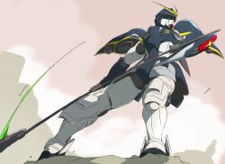 beam_scythe commentary_request from_below green_eyes gundam gundam_deathscythe gundam_wing highres holding holding_scythe holding_weapon looking_ahead looking_to_the_side looking_up mecha mecha_focus mobile_suit no_humans robot science_fiction scythe sky solo standing umanosuke v-fin weapon