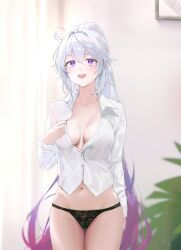 1girl absurdres black_panties breasts collared_shirt cowboy_shot cowlick dress_shirt highres honkai_(series) honkai_impact_3rd kiana_kaslana kiana_kaslana_(herrscher_of_finality) long_hair long_sleeves looking_at_viewer medium_breasts multicolored_hair navel no_pants open_mouth panties ponytail pulling_own_clothes purple_eyes purple_hair shirt smile solo star-shaped_pupils star_(symbol) stomach symbol-shaped_pupils two-tone_hair underwear v-shaped_eyebrows very_long_hair white_hair white_shirt zapik