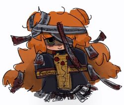 Rule 34 | 1girl, bandage over one eye, blood, chibi, chibi only, double bun, hair bun, hashtag-only commentary, herbbbbby, hundred-footed death maggot (e.g.o), ishmael (project moon), limbus company, long hair, looking at viewer, orange hair, partially shaded face, project moon, simple background, sleeves past fingers, sleeves past wrists, smile, solo, white background, yellow eyes