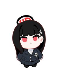 1girl black_hair black_halo black_pantyhose black_skirt blue_archive chibi closed_mouth commentary_request expressionless full_body hair_ornament hairclip halo ideolo long_hair long_sleeves looking_at_viewer multicolored_halo pantyhose pleated_skirt red_eyes rio_(blue_archive) simple_background skirt solo sweater two-tone_halo white_background white_sweater