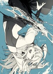 1girl blue_background centuria_(manga) ctqnue hydrokinesis lacrima_(centuria) long_hair magic navel see-through_clothes see-through_midriff sharp_teeth solo teeth transformation twintails twitter_username upside-down water