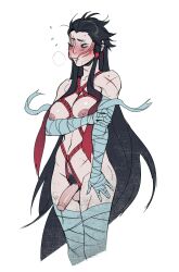 Rule 34 | 1futa, absurdres, bandaged arm, bandaged leg, bandages, black hair, black pubic hair, blush, bound breasts, breasts, closed mouth, collarbone, covered erect nipples, cropped legs, embarrassed, female pubic hair, futanari, genderswap, genderswap (mtf), gradient background, hair slicked back, highres, large penis, league of legends, long hair, medium breasts, nipples, nude, penis, precum, pubic hair, red eyes, red hair, red rope, rope, scar, scar across eye, scar on face, shibari, sidelocks, simple background, solo, straight hair, testicles, treslech3s, white background, yone (league of legends)