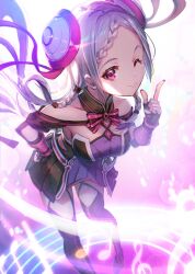 Rule 34 | 1girl, ;), absurdres, bare shoulders, black gloves, boots, braid, commentary, dress, fingerless gloves, foreshortening, from above, gloves, hand on own hip, highres, idol, leaning forward, long hair, looking at viewer, musical note, nail polish, neon palette, one eye closed, pink theme, purple theme, red eyes, short dress, showgirl skirt, sleeveless, sleeveless dress, smile, sword art online, sword art online the movie: ordinal scale, thigh boots, thighhighs, white hair, yappo (point71), yuna (sao)