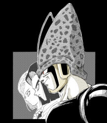 1girl 2boys android_17 android_18 black_background cell_(dragon_ball) dragon_ball dragonball_z fenyon from_side greyscale halftone halftone_background highres monochrome multiple_boys profile short_hair simple_background spot_color upper_body