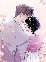 Rule 34 | 1boy, 1girl, blush, cha sooyeong, dress, female focus, flower, full body, ham chaeri, jacket, kiss, kissing forehead, male focus, pink background, short hair, swim in the cherry