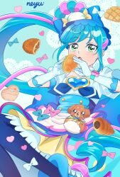 1girl animal apron aqua_background aqua_hair back_bow blue_boots blue_bow blue_bowtie blue_brooch blue_corset blue_pantyhose boots bow bow_apron bowtie braid braided_hair_rings brooch buttons corset croissant cure_spicy delicious_party_precure dog eating eyelashes feet_out_of_frame floating_hair food food-themed_bag frilled_skirt frills fuwa_kokone gloves green_eyes hair_bow hair_ornament hair_rings heart heart-shaped_food heart_brooch heart_print highres holding holding_food jewelry lace_background large_bow light_blush long_hair magical_girl miniskirt multicolored_hair open_mouth pam-pam pantyhose pink_bow pleated_skirt precure puffy_short_sleeves puffy_sleeves purple_hair sandwich shirt short_sleeves side_ponytail signature single_hair_ring skirt solo strawberrylove2525 streaked_hair two-tone_hair very_long_hair waist_apron waist_bag watch white_apron white_gloves white_shirt wristwatch yellow_skirt