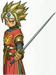 Rule 34 | 1boy, absurdres, belt, black shirt, blonde hair, blue eyes, blue gemstone, brown armor, brown belt, circlet, commentary, cowboy shot, dragon quest, gem, grey pants, hero (kenshin dragon quest), highres, holding, holding sword, holding weapon, kenshin dragon quest, looking to the side, male focus, pants, red tabard, roto&#039;s emblem, scan, shirt, short hair, silver circlet, solo, spiked hair, sword, tabard, third-party source, toriyama akira, weapon, white background